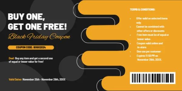 Coupon Template for Black Friday Buy One, Get One Free