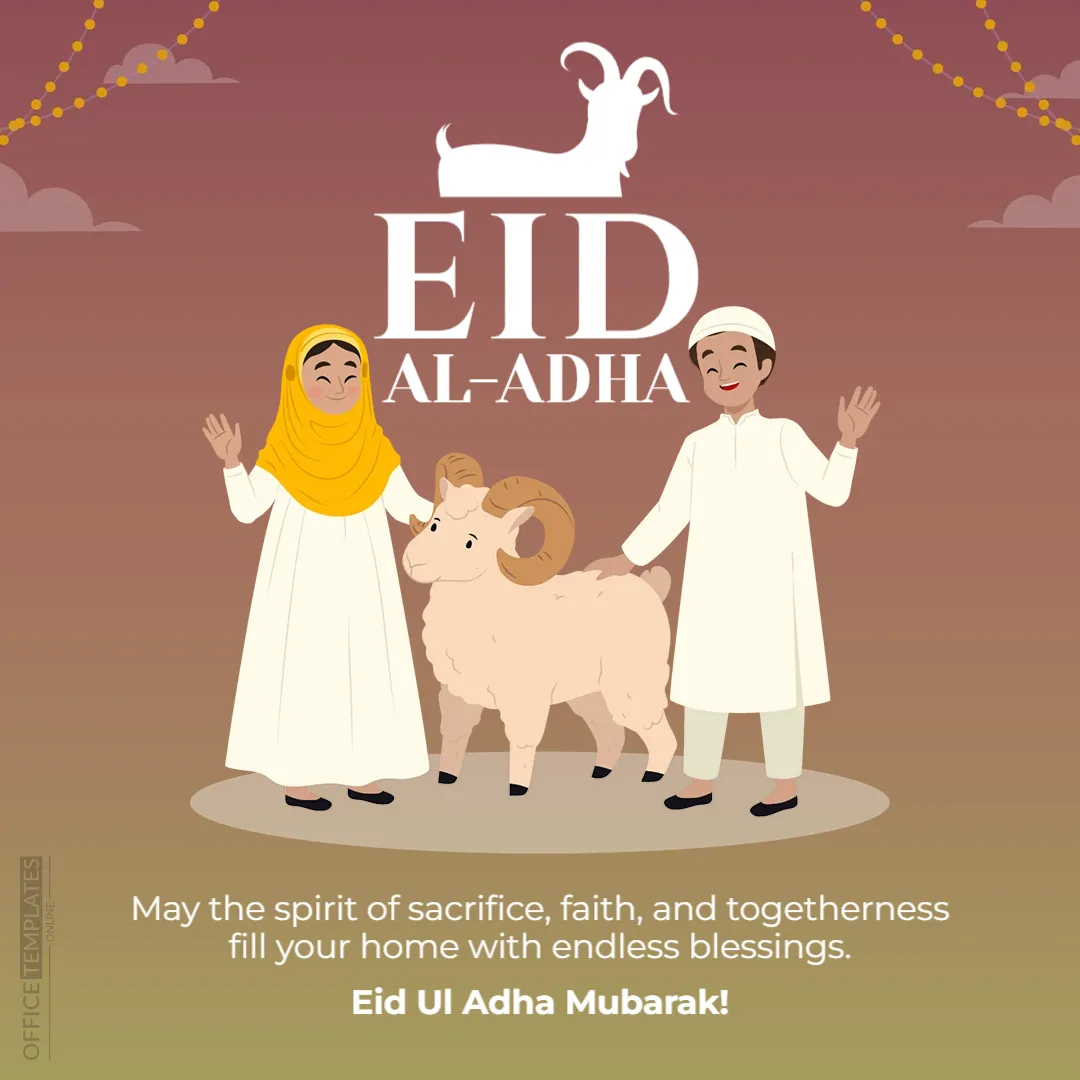 Eid Card Template with Family Celebration Scene and Qurbani Theme