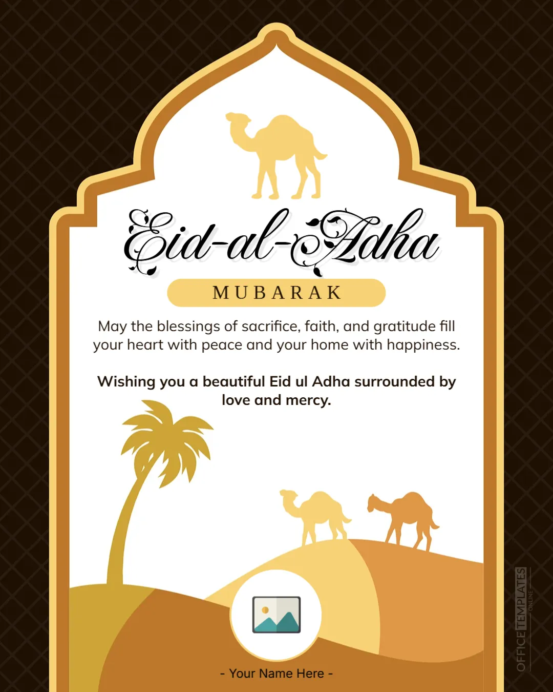 Rustic Desert Tent & Camel Caravan Eid Card Template with Photo and Name