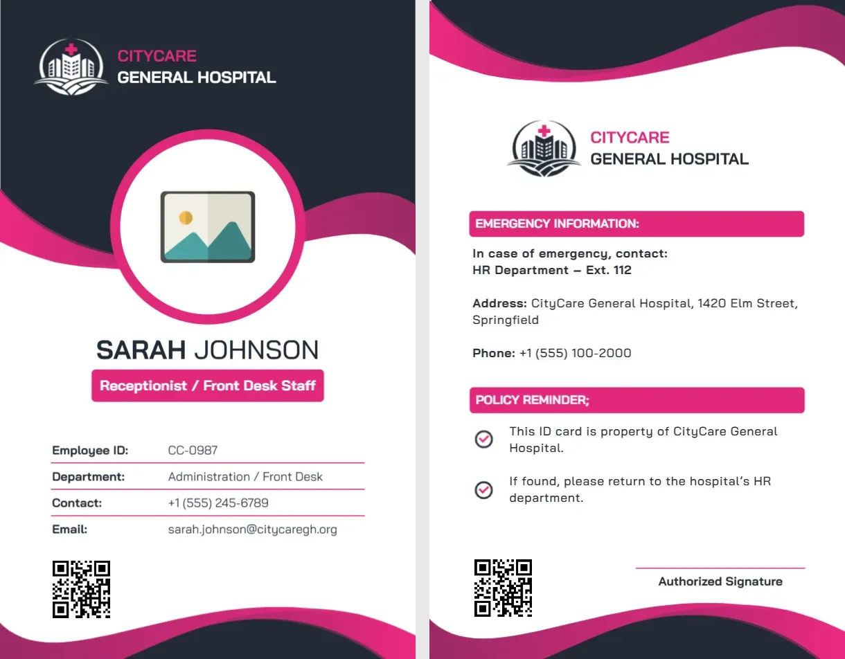 Hospital Receptionist & Front Desk Staff ID Card Template