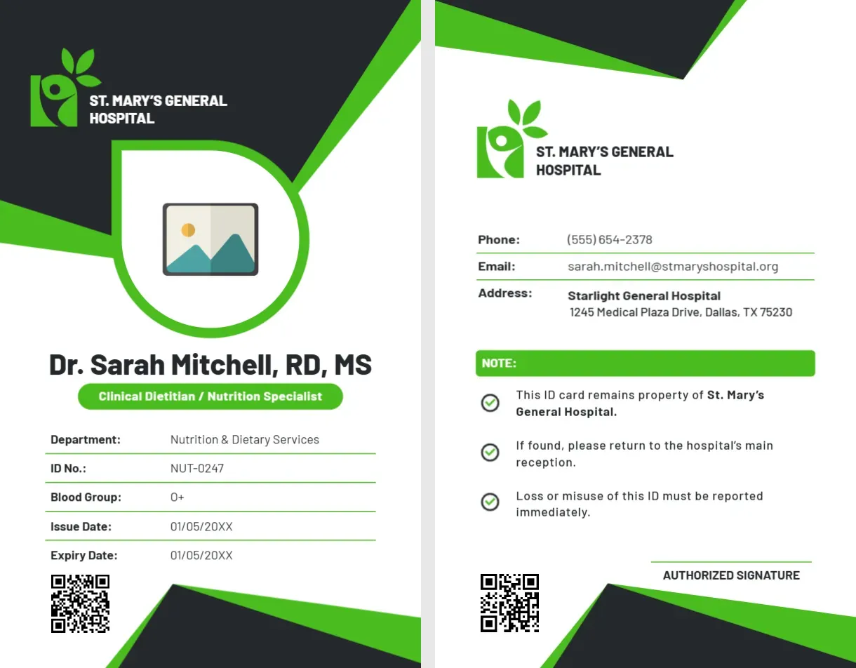 Clinical Dietitian & Nutrition Services ID Card Template