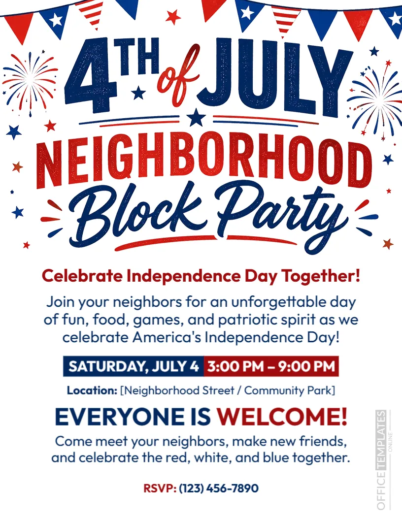 Neighborhood Block Party Flyer Template for 4th of July Celebrations