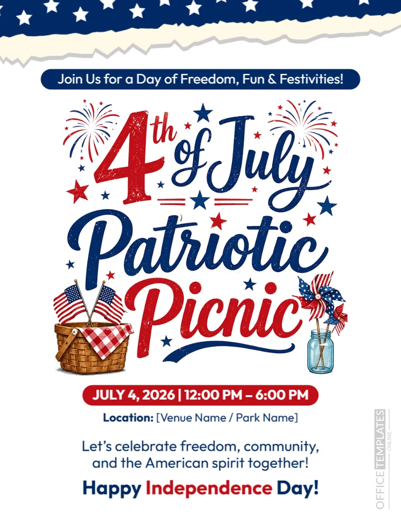 Patriotic Picnic Invitation Template for 4th of July Gatherings