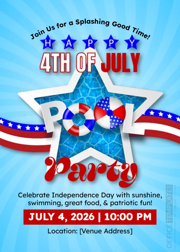 Red, White & Blue Pool Party Invitation Template