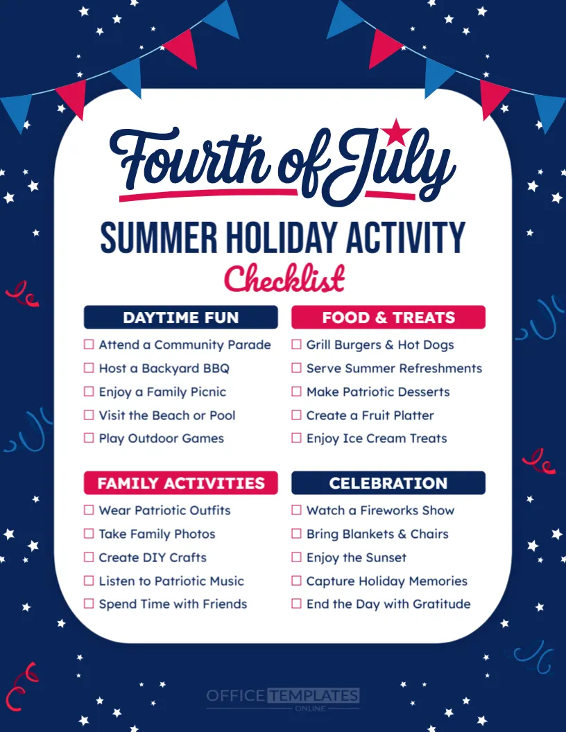 Free Editable Fourth of July Summer Holiday Activity Checklist Template