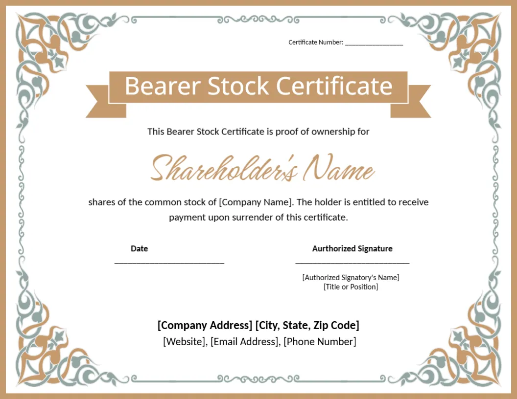 Bearer Stock Certificate Template &ndash; Editable Online & Ready to Print