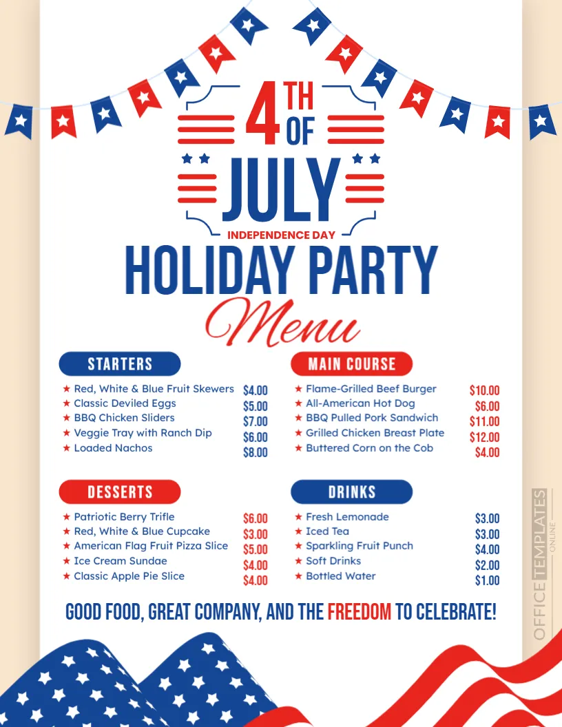 Free Editable 4th of July Holiday Party Menu Template