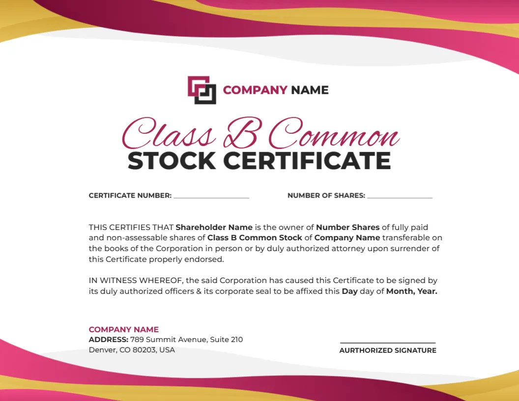 Certificate Template for Class B Common Stock
