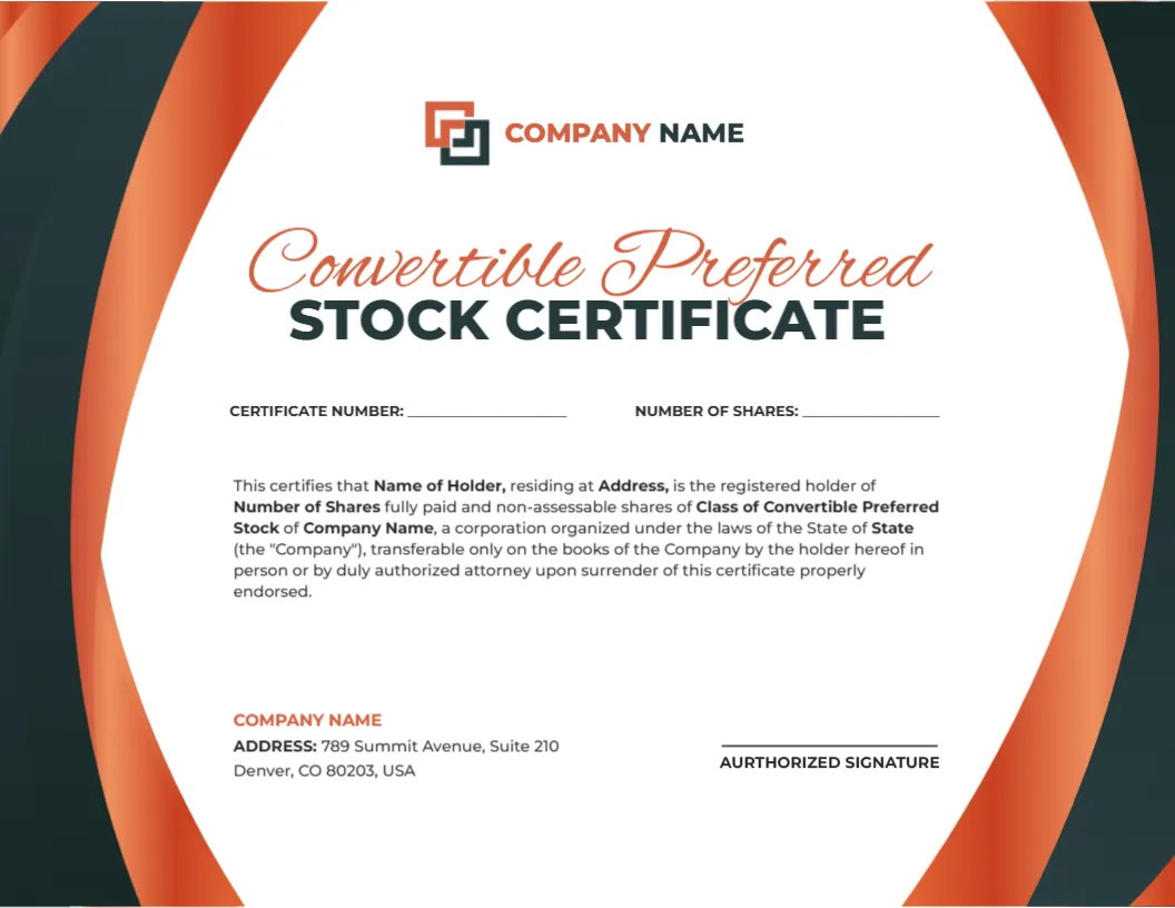 Convertible Preferred Stock Certificate Template &ndash; Editable Online