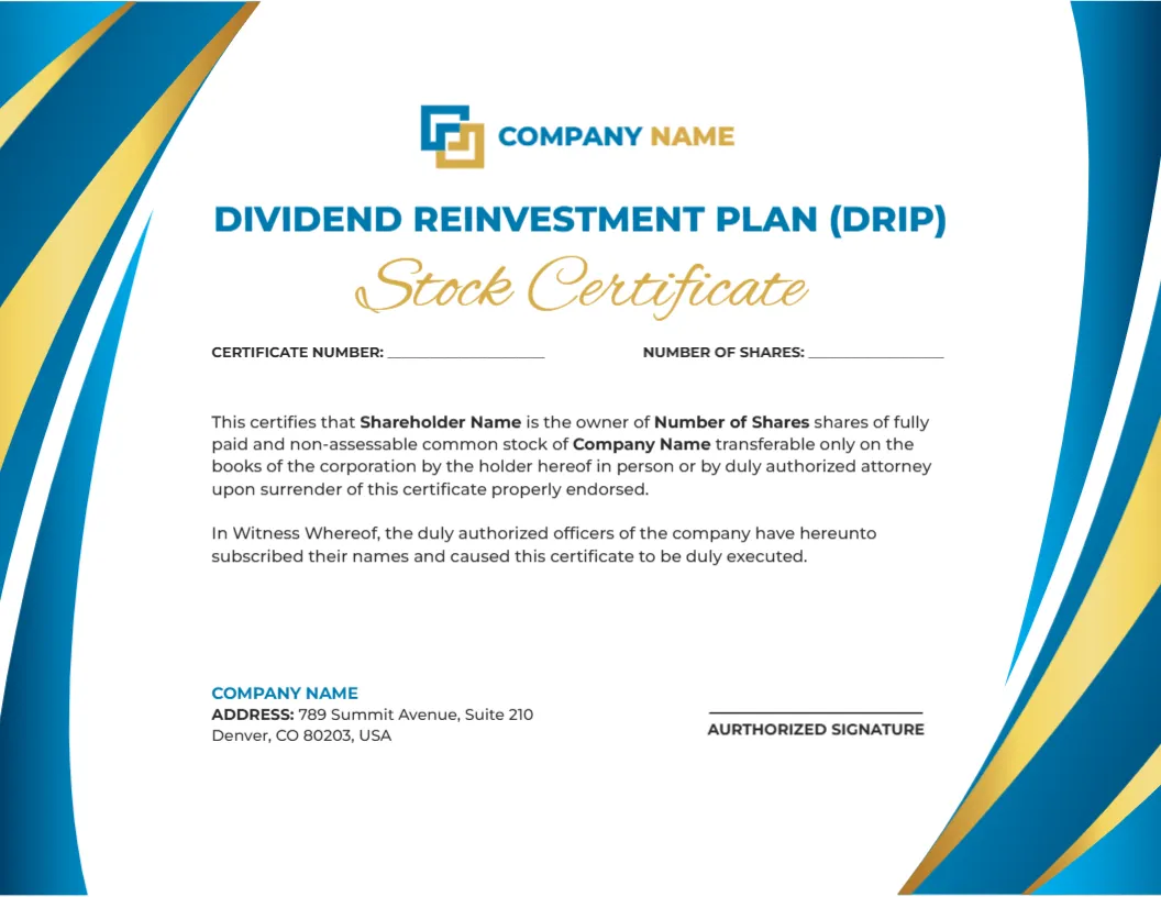 Certificate Template for Dividend Reinvestment Plan Stock