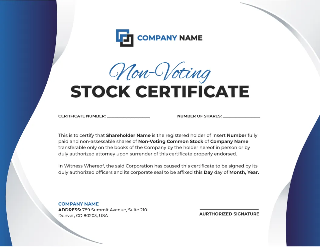 Certificate Template for Non-Voting Stock