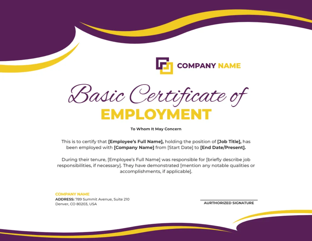 Basic Certificate of Employment Template – Free Online Editable Design