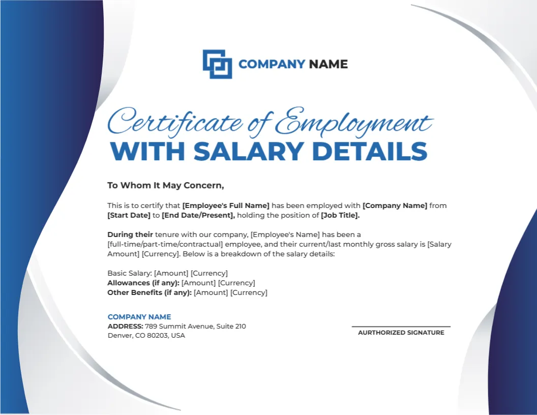 Certificate of Employment with Salary Details Template – Free Online Editor