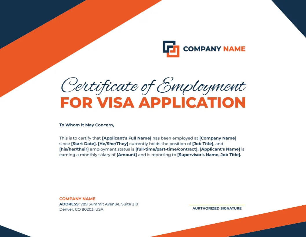 Employment Certificate for Visa Application Template – Free Online Editor