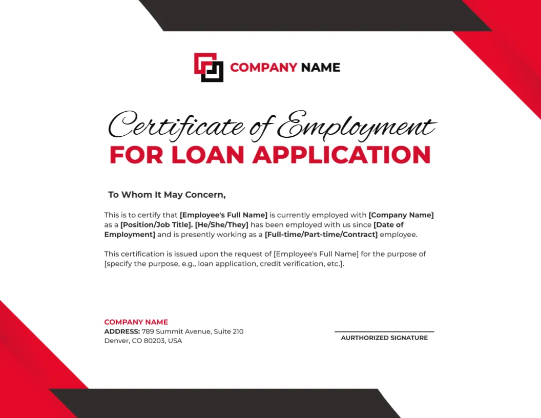 Employment Certificate for Loan Application Template – Free Online Editing