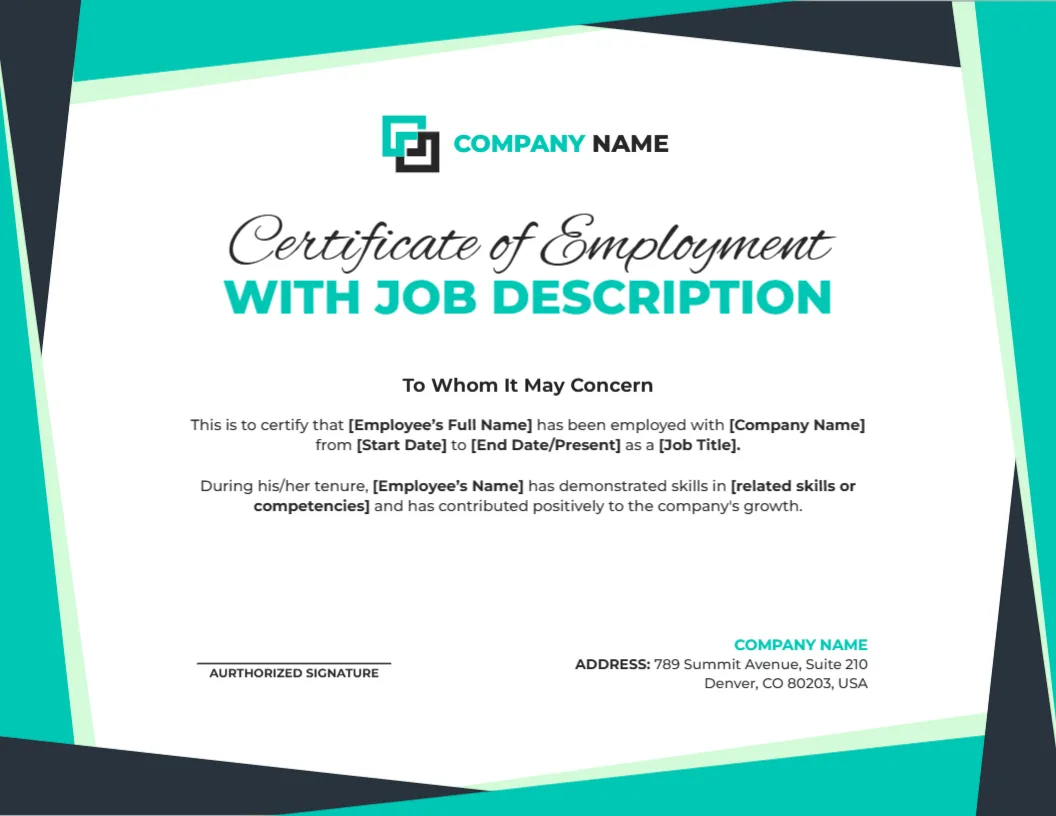Employment Certificate with Job Description Template – Editable Online