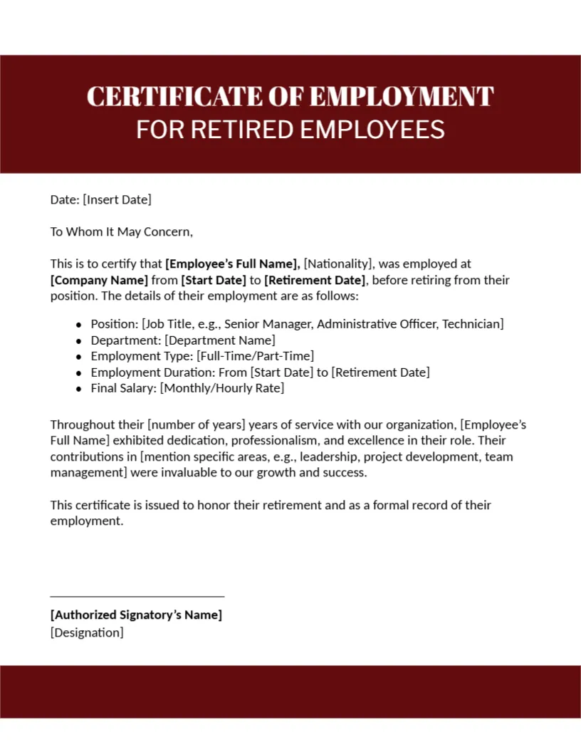 Certificate of Employment for Retired Employees Template – Editable Online