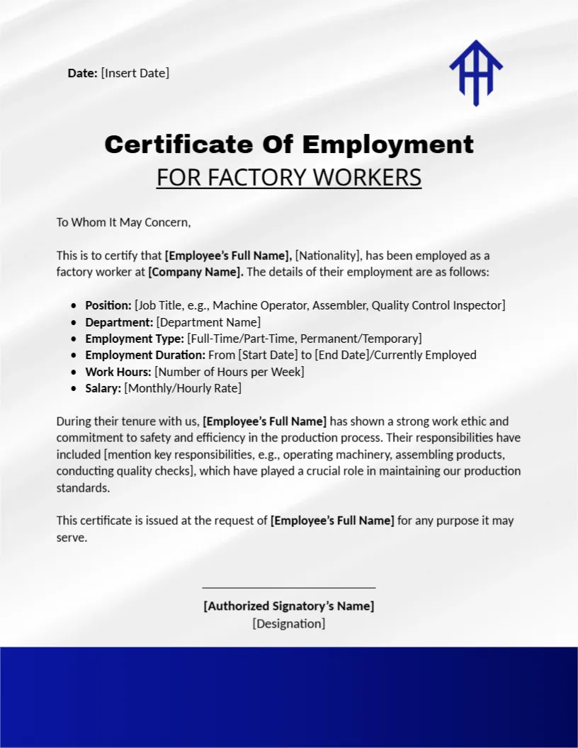 Employment Certificate Template for Factory Workers