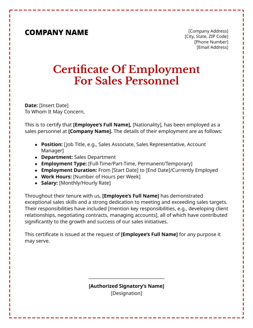Employment Certificate Template for Sales Personnel