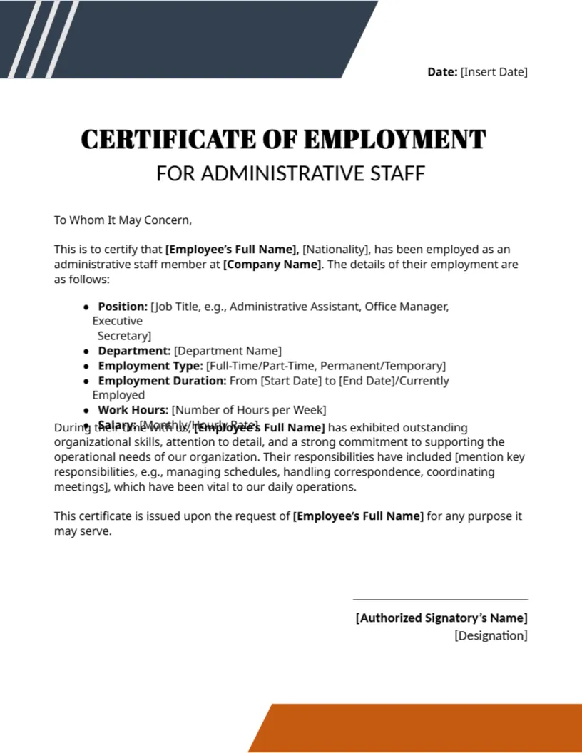 Employment Certificate Template for Administrative Staff