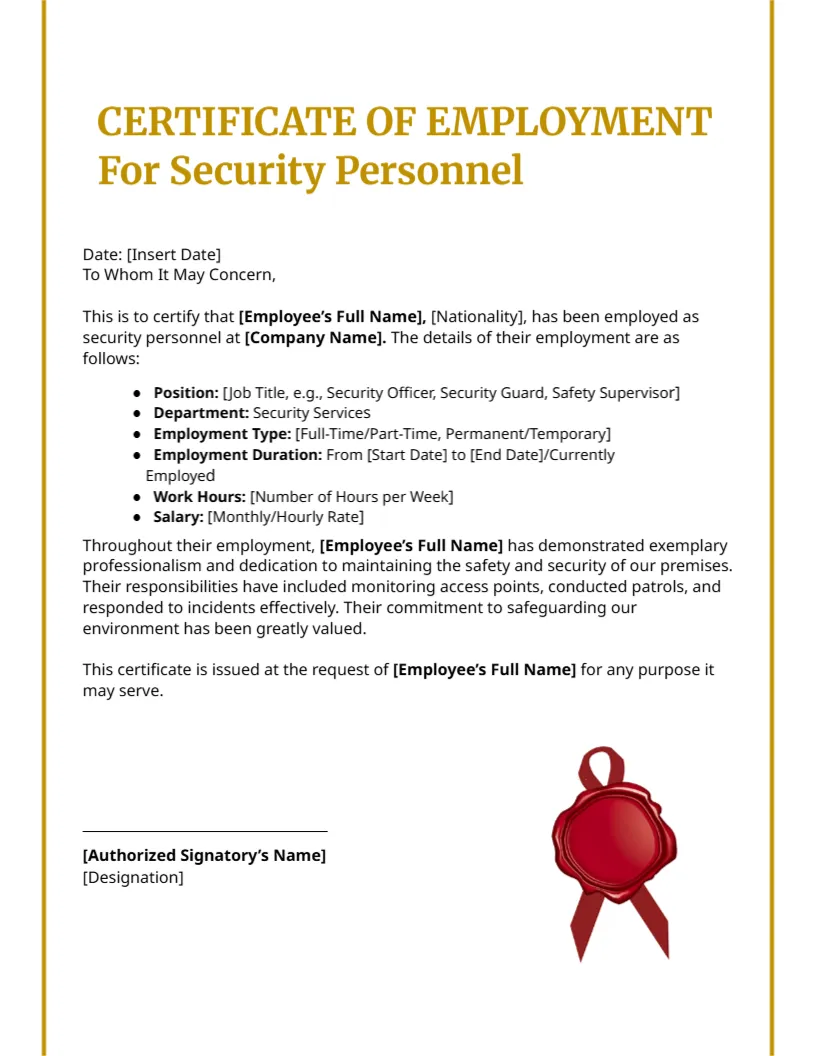 Employment Certificate Template for Security Personnel