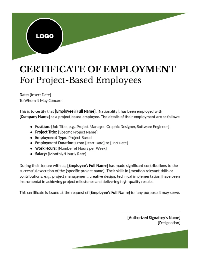 Employment Certificate Template for Project-Based Employees
