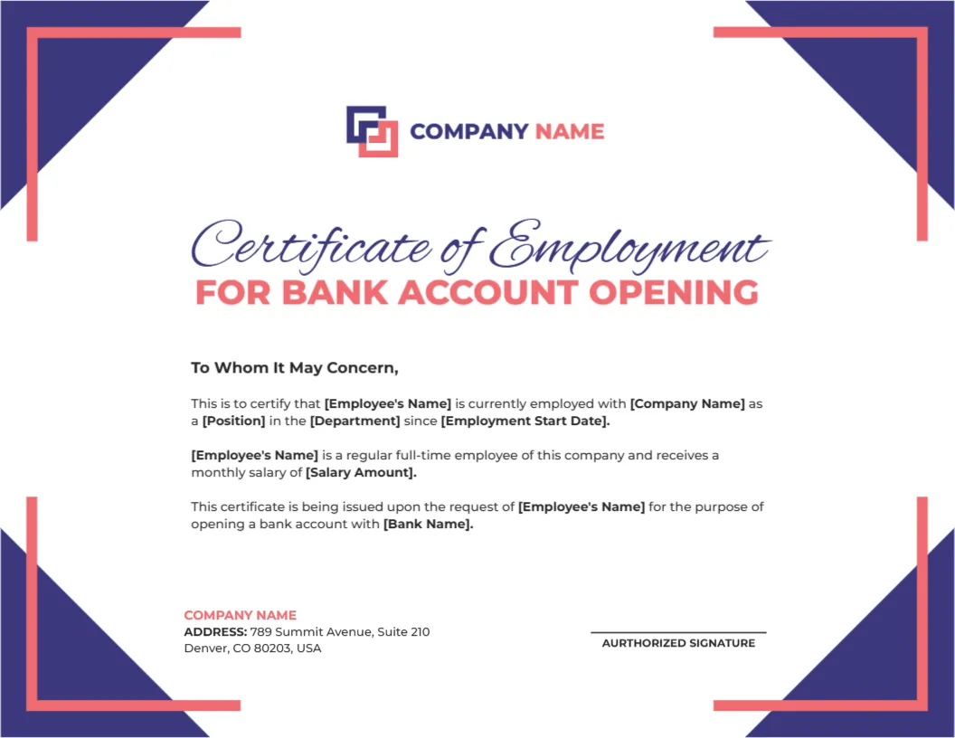 Employment Certificate Template for Bank Account Opening