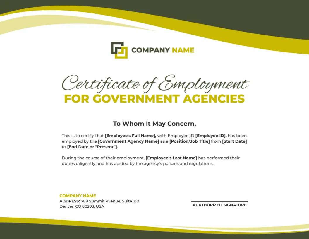 Employment Certificate Template for Government Agencies
