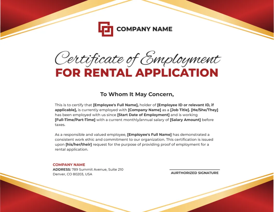 Employment Certificate Template for Rental Application