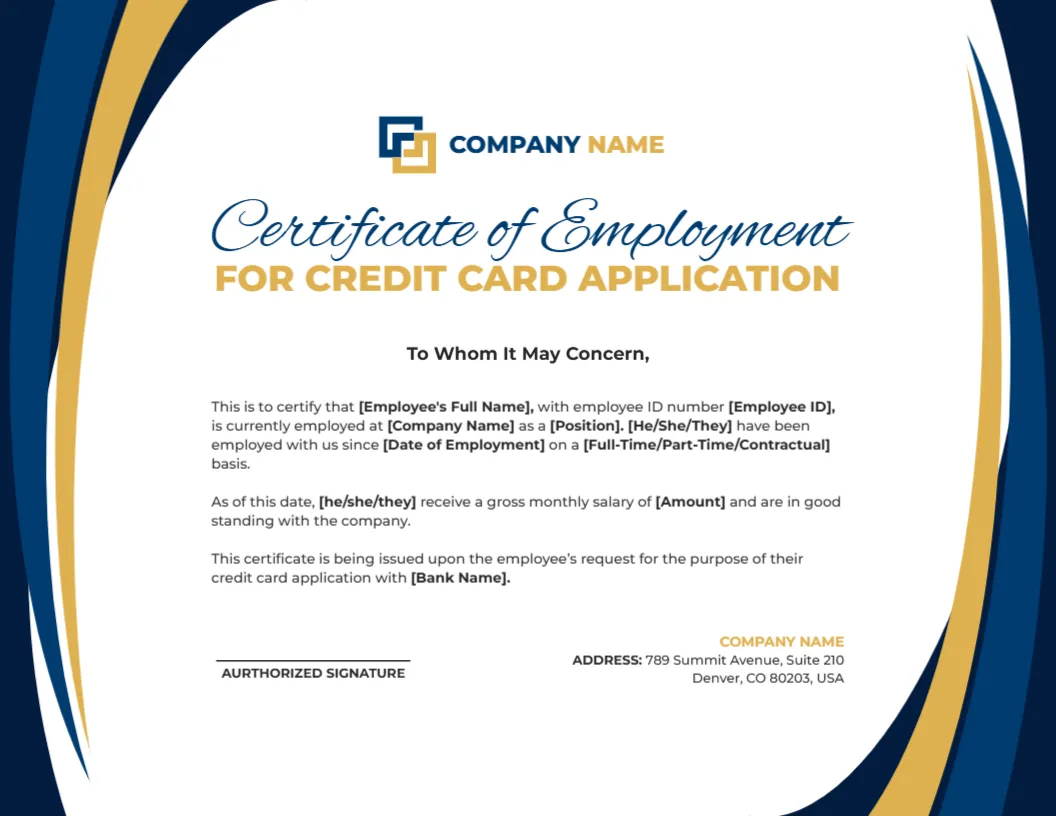 Employment Template for Credit Card Application