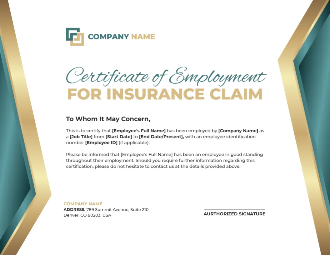 Employment Certificate Template for Insurance Claim
