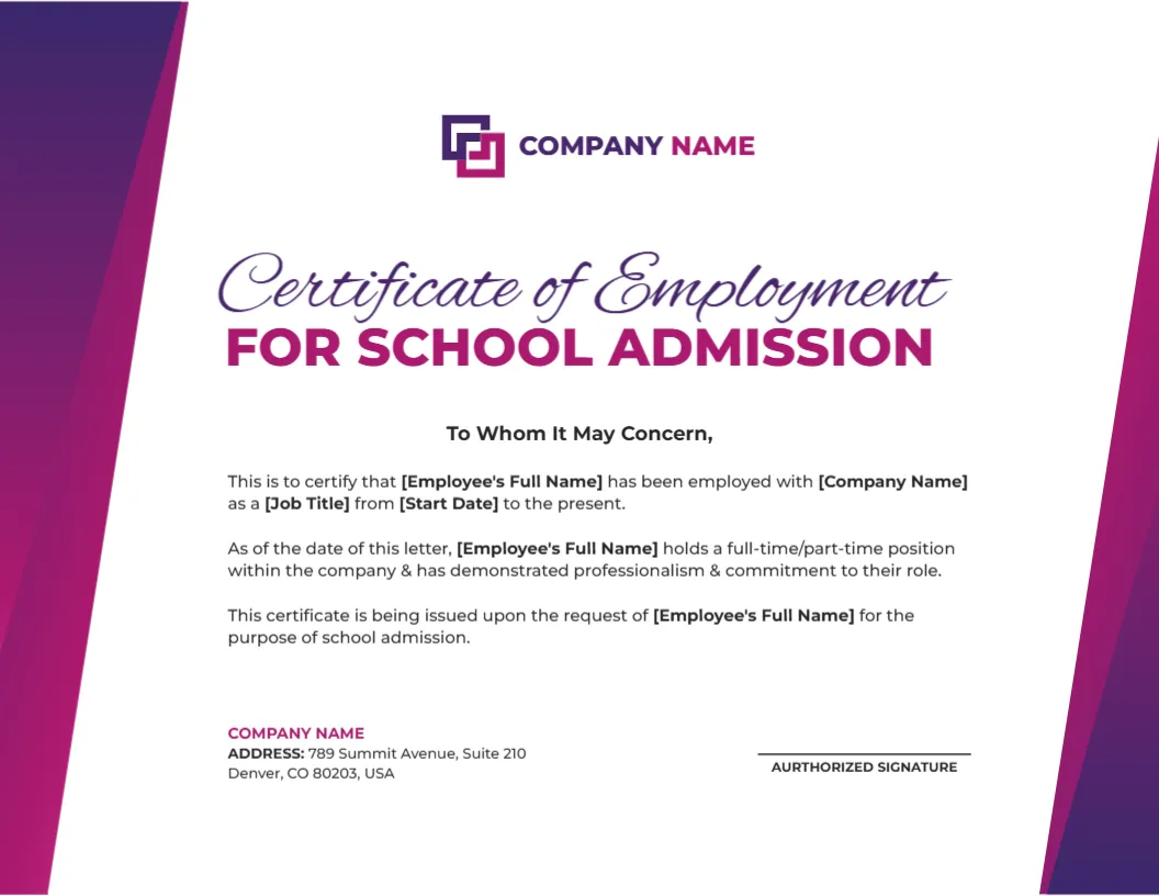 Employment Certificate Template for School Admission