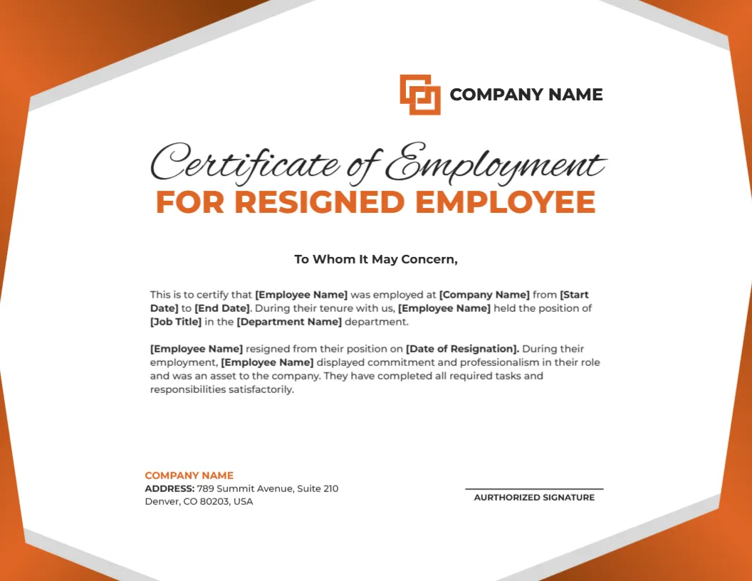 Employment Certificate Template for Resigned Employee