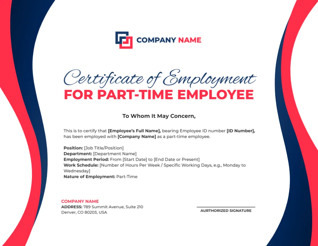 Employment Certificate Template for Part-Time Employee