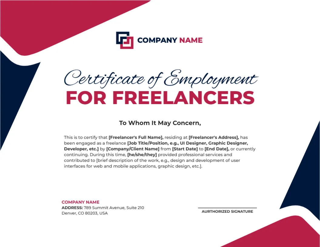Employment Certificate Template for Freelancers