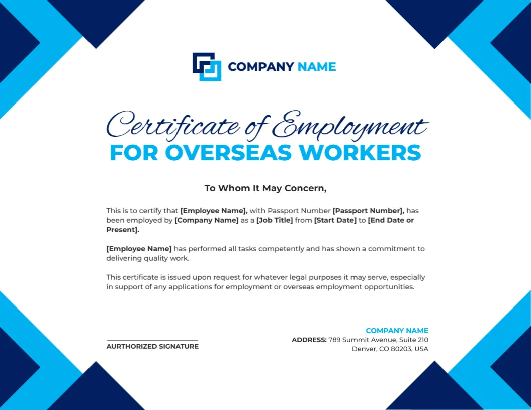 Employment Certificate Template for Overseas Workers