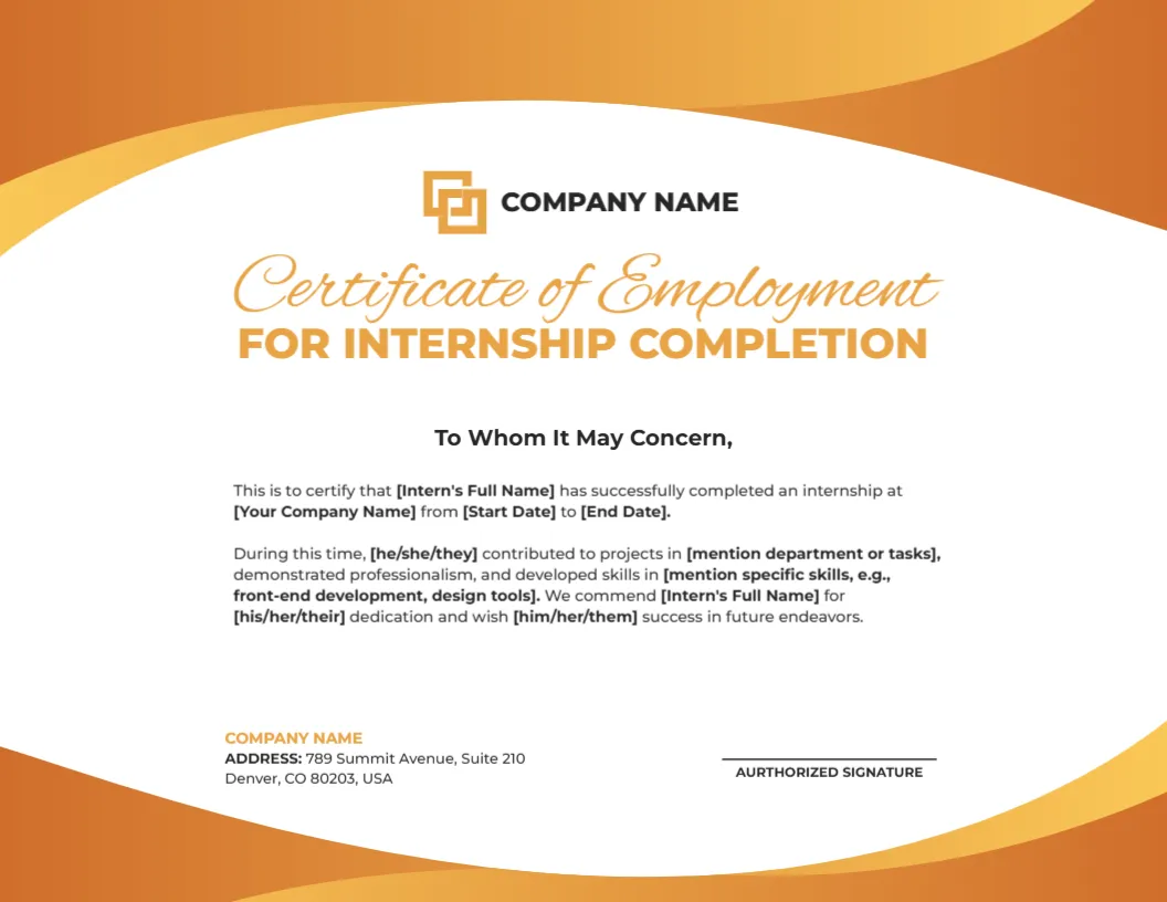 Employment Certificate Template for Internship Completion