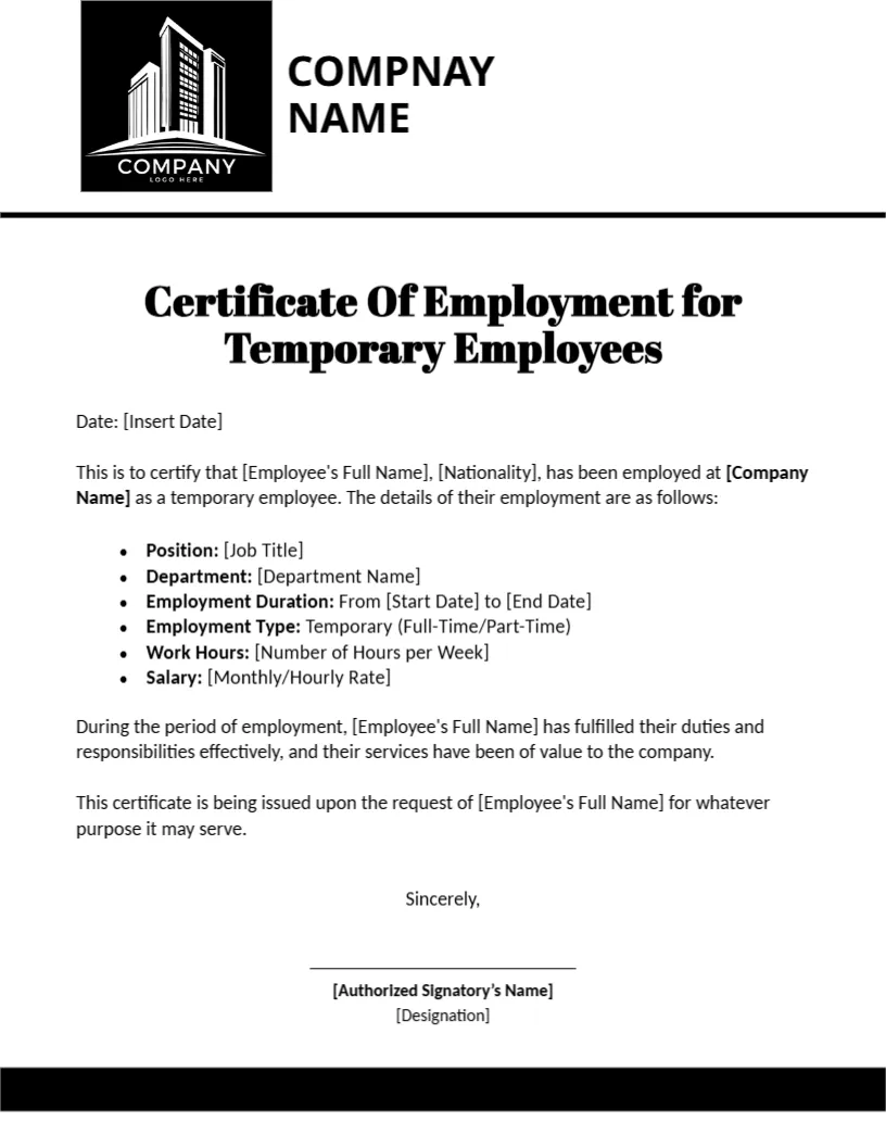 Employment Certificate Template for Temporary Employees