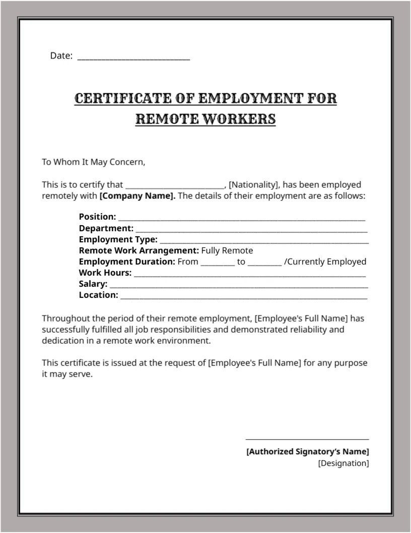 Employment Certificate Template for Remote Workers