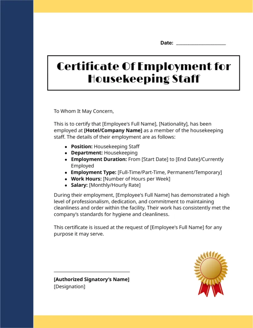 Employment Certificate Template for Housekeeping Staff