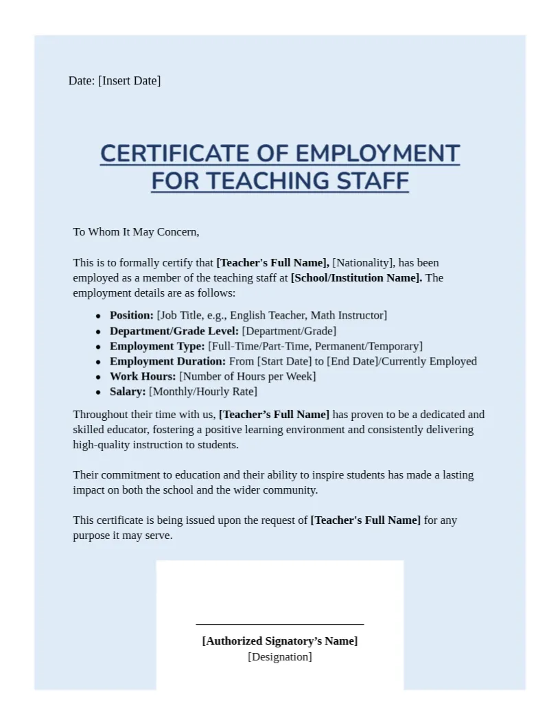 Employment Certificate Template for Teaching Staff