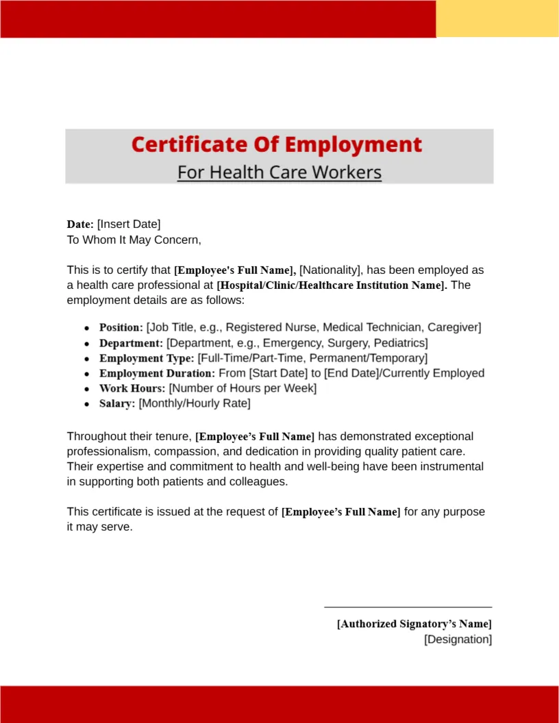 Employment Certificate Template for Health Care Workers