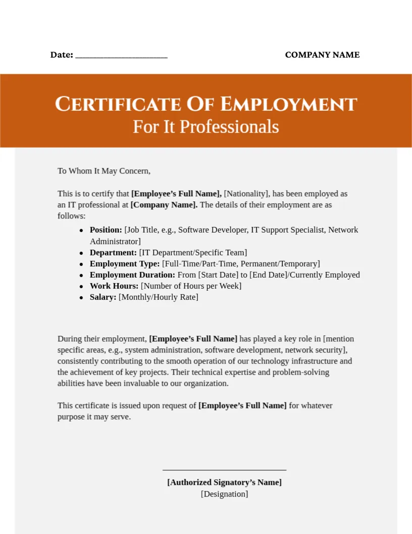 Employment Certificate Template for IT Professionals