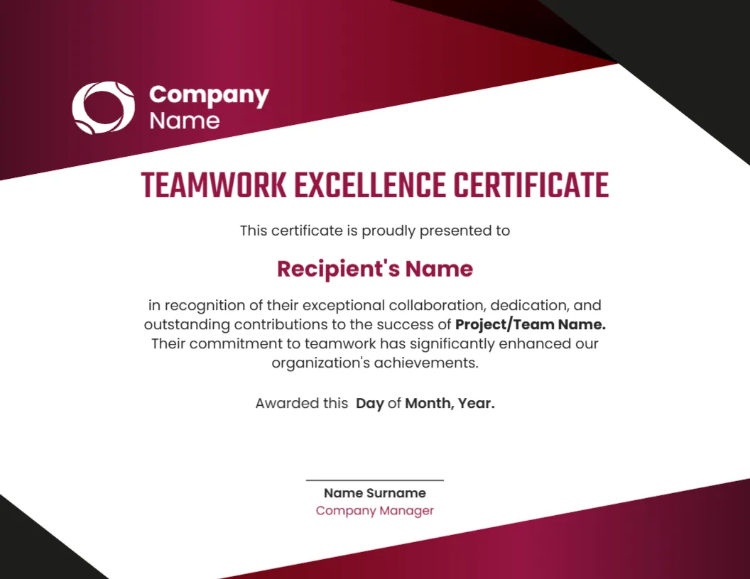 Teamwork Excellence Certificate Template