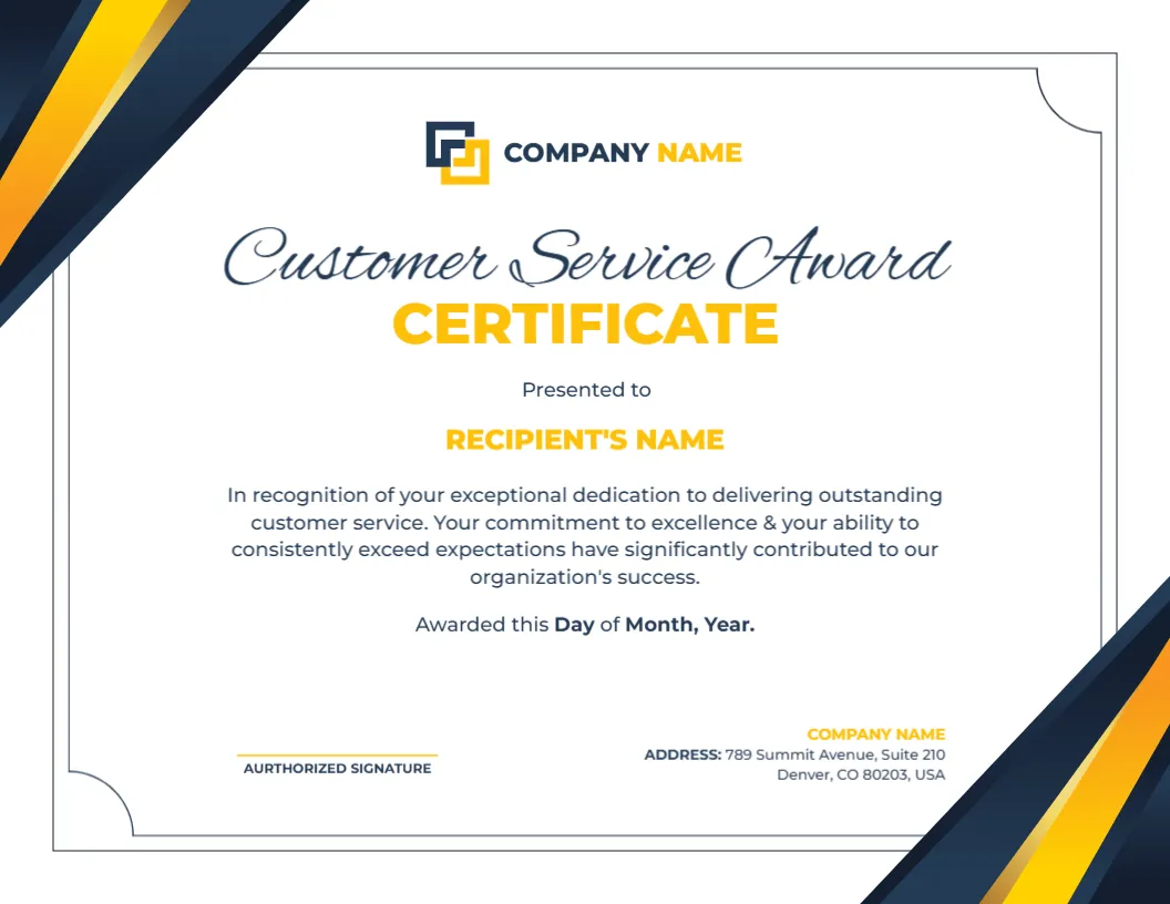 Customer Service Award Certificate Template