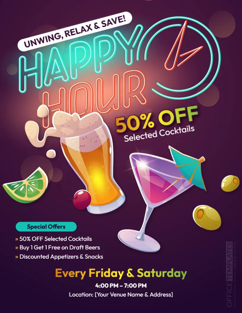 Happy Hour Flyer Template – Editable Bar & Cocktail Promotion Flyer