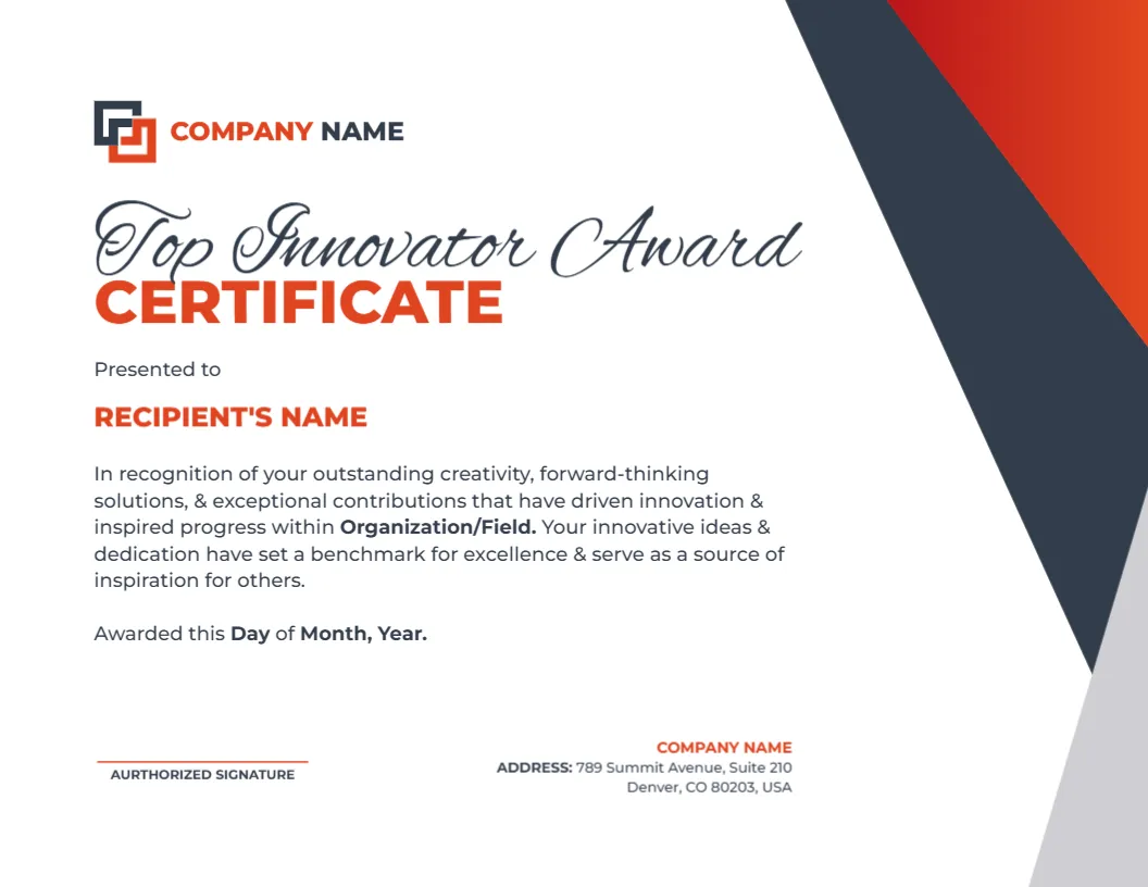 Top Innovator Award Certificate Template