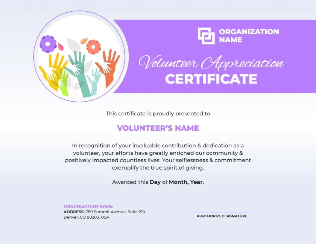 Volunteer Appreciation Certificate Template