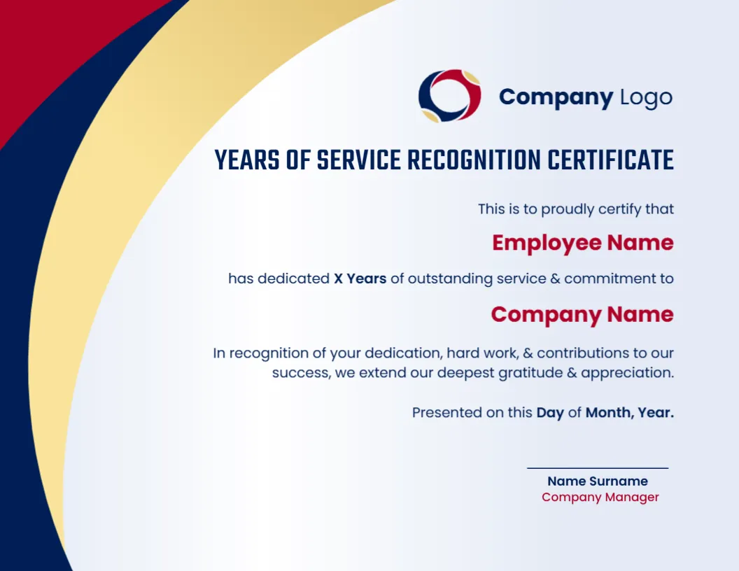 Years of Service Recognition Certificate Template