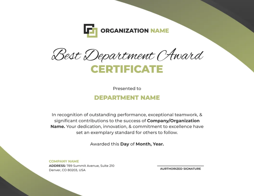 Best Department Award Certificate Template